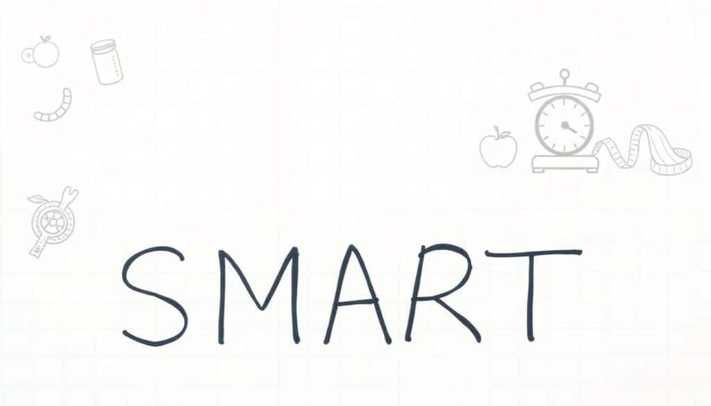 A minimalist, hand-drawn style illustration depicting a set of SMART goals for weight loss. In the foreground, a simple line-art graphic shows the letters "SMART" arranged in an orderly fashion. The middle ground features a clean, white background with a subtle grid or graph paper texture, creating a sense of structure and organization. In the background, faint sketches of measuring tape, a weighing scale, and healthy food items (e.g., fruits, vegetables) provide visual cues to the weight loss theme. The overall mood is one of clarity, focus, and achievability, conveying the message that well-defined, realistic goals are the key to successful weight management.