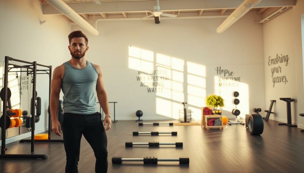 A serene, well-lit indoor setting with a clean, modern aesthetic. In the foreground, a person stands on a fitness parcours, their determined expression and purposeful stance conveying a sense of motivation and transformation. The parcours features various obstacles and challenges, symbolizing the journey of personal growth. The middle ground showcases fitness equipment and accessories, hinting at the tools and resources available to support the transformation. In the background, inspiring wall graphics or murals depict empowering messages, reinforcing the theme of self-improvement. Warm, natural lighting casts a hopeful glow, creating an atmosphere of positivity and encouragement.
