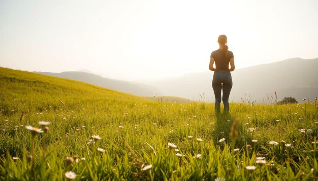 A tranquil, sun-dappled meadow dotted with lush, verdant grass and delicate wildflowers. In the foreground, a serene figure stands in a pose of thoughtful contemplation, their silhouette backlit by a warm, golden light. The middle ground reveals a rolling landscape of gently undulating hills, their slopes adorned with vibrant greenery. In the distance, a hazy, atmospheric background hints at the promise of a boundless, open sky. The overall scene radiates a sense of inner peace, balance, and the natural cycle of renewal, reflecting the foundations of healthy weight loss.
